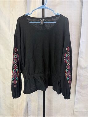 Wrangler Black Long-Sleeve Top with Colorful Embroidered Sleeves